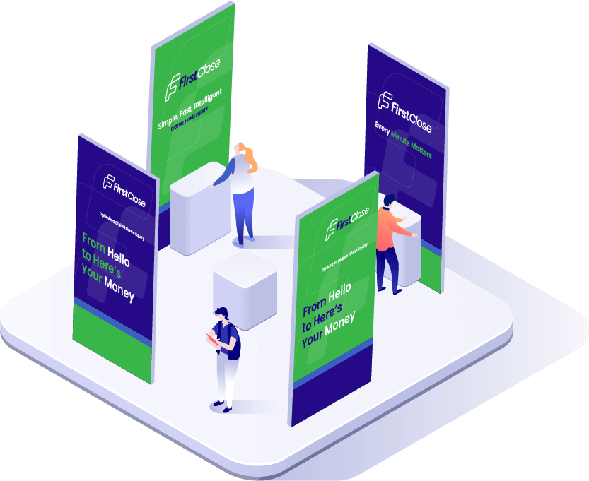 Graphic of 3 people standing at different FirstClose kiosks during an industry event using our mortgage technology solutions