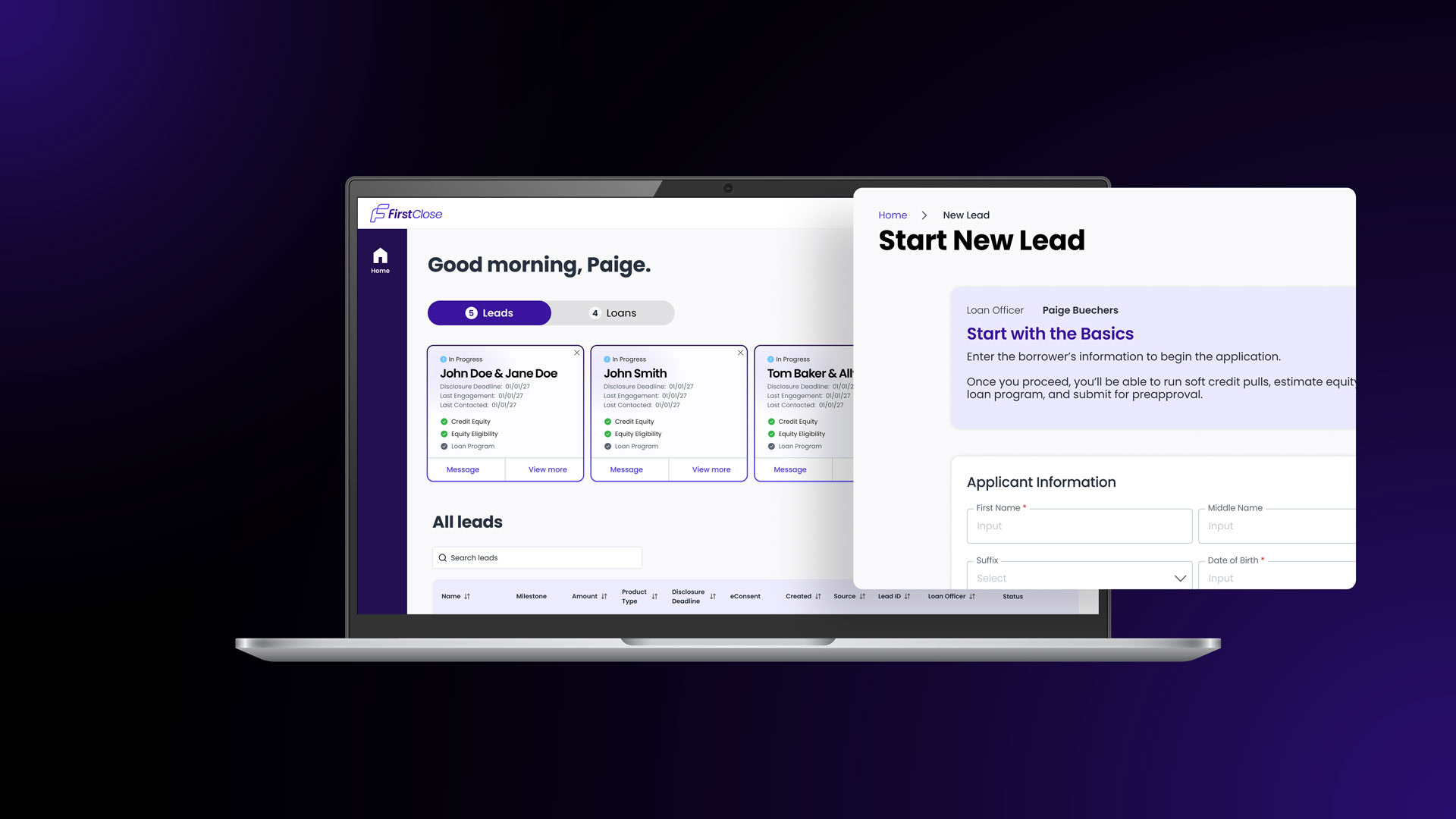 FirstClose lender portal interface showing lead management and application forms.